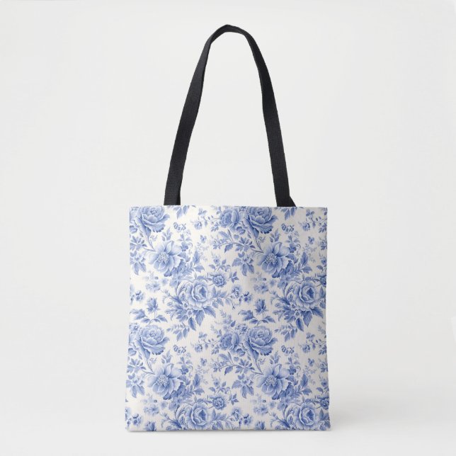 Tote Bolsa azul floral francês (Frente)