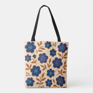 Tote Bolsa Boho Floral Bege e Azul