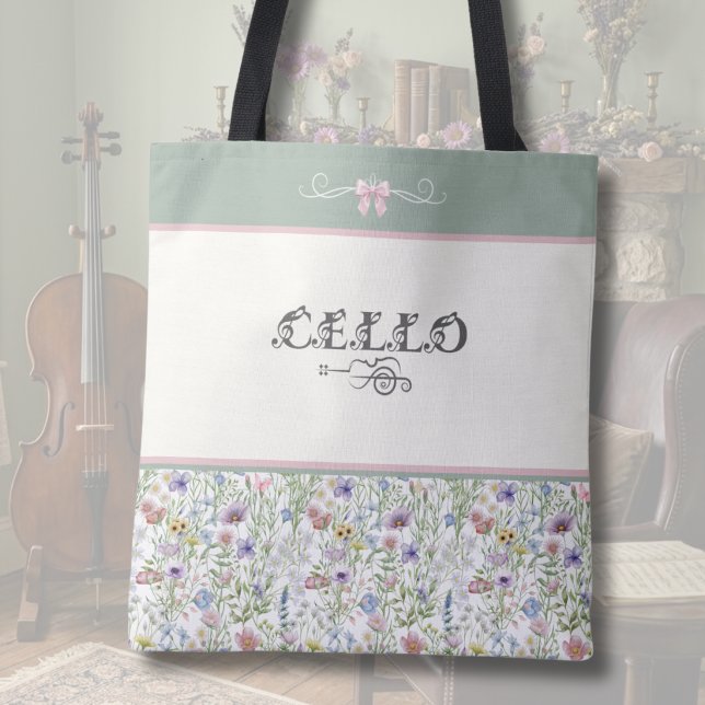 Tote Bolsa Celo Enchanted Meadow | Músico Floral (Custom Cello Tote Bag | Whimsical Sage Green & Pink Wildflower | Botanical Music Gear)