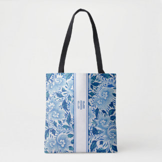 Tote Bolsa Chic de Chinoiserie Azul e Branco com Monogr