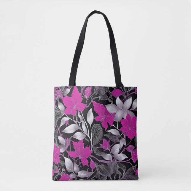 Tote Bolsa Chic Floral com Folhas Rosa e Prata (Frente)