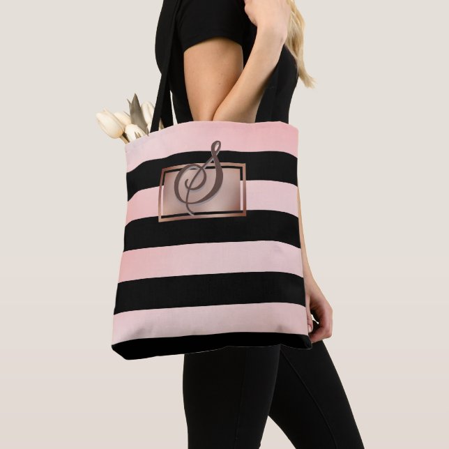 Tote Bolsa Chic Monograma Listras Dourado Rosa (Close Up)