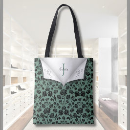 Tote Bolsa Chic Verde e Preta com Monograma Rose