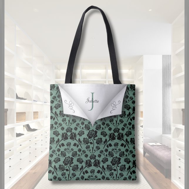 Tote Bolsa Chic Verde e Preta com Monograma Rose (Chic Green and Black Rose Monogram Tote Bag)