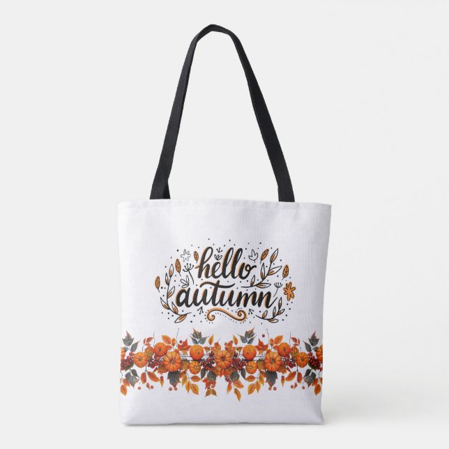 Tote Bolsa com cópia "Hello Autumn" e abóbora (Verso)