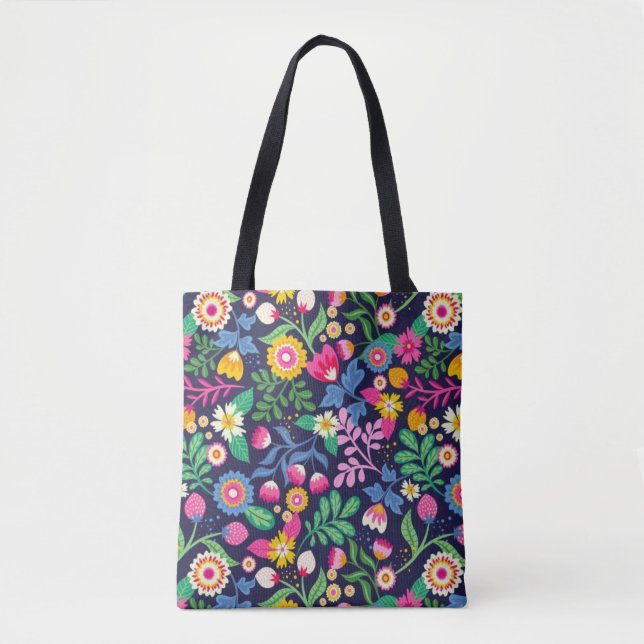 Tote Bolsa Com Design Floral De Fundo Preto (Frente)