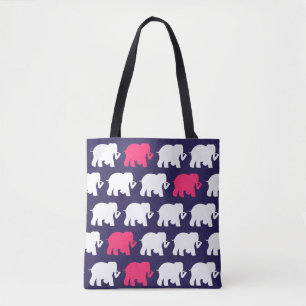 Tote Bolsa com elefantes em azul marinho e rosa
