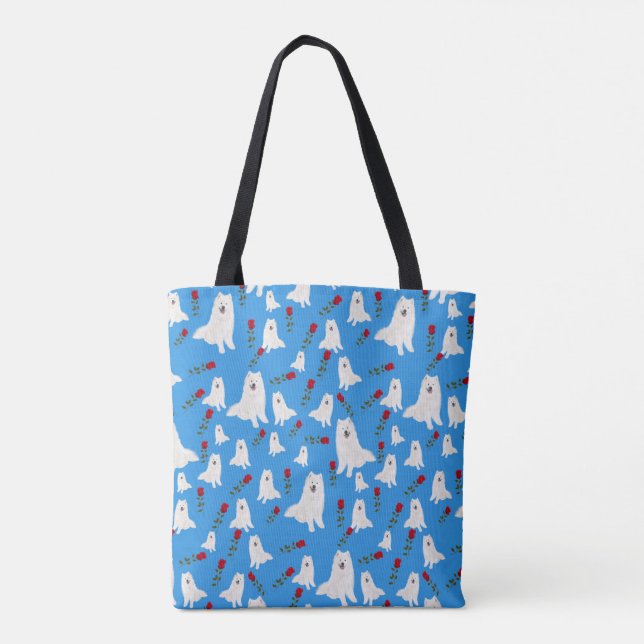 Tote Bolsa com Samoyeds no Sky Blue. (Verso)