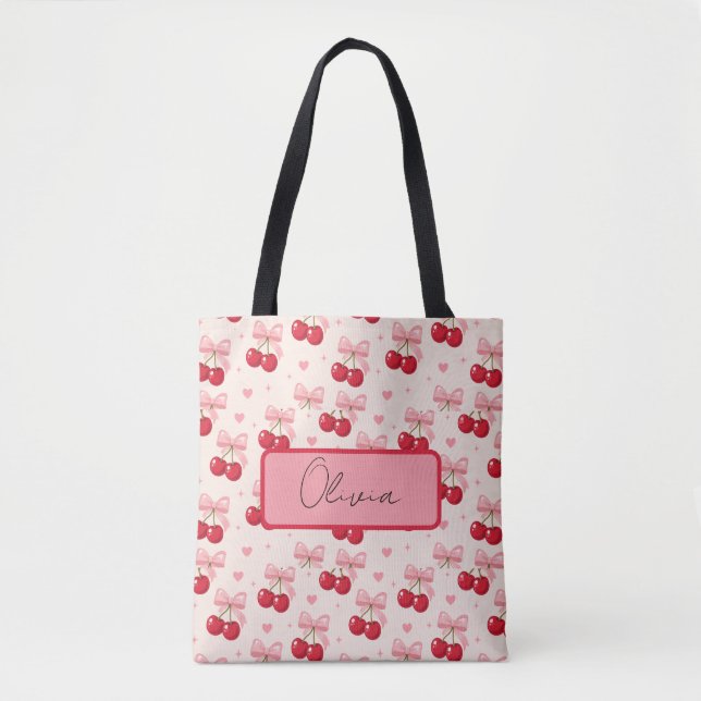 Tote Bolsa Cute Cherry & Pink Bow Coquette (Frente)