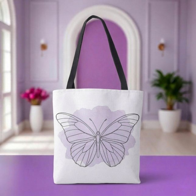 Tote Bolsa de água-forte de borboleta lavanda minimalis (Modern minimalist purple watercolor, line drawing butterfly tote bag)