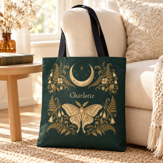 Tote Bolsa de bruxa botânica personalizada com mariposa