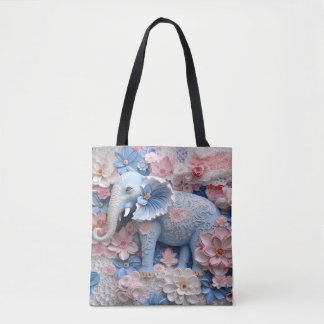 Tote bolsa de canvas Bolsa de Elefante Azul 3D com Flor