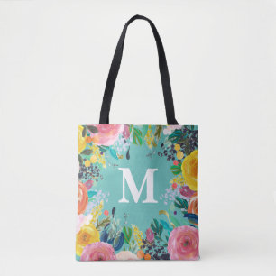 Tote Bolsa de canvas de Monograma Personalizado Floral