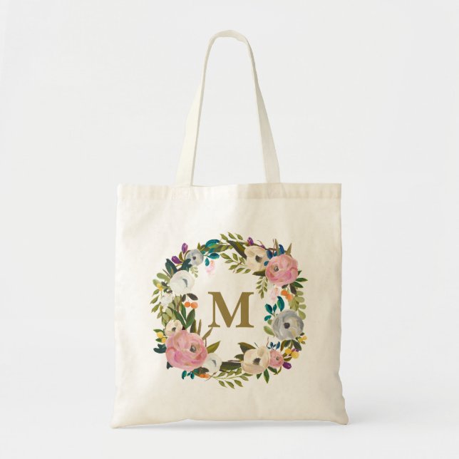 Tote Bolsa de canvas de Monograma Personalizado Floral  (Frente)
