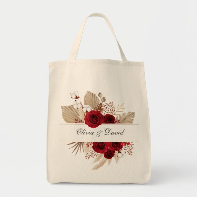Tote Bolsa de casamento de rosas Borgonha e grama das p (Frente)