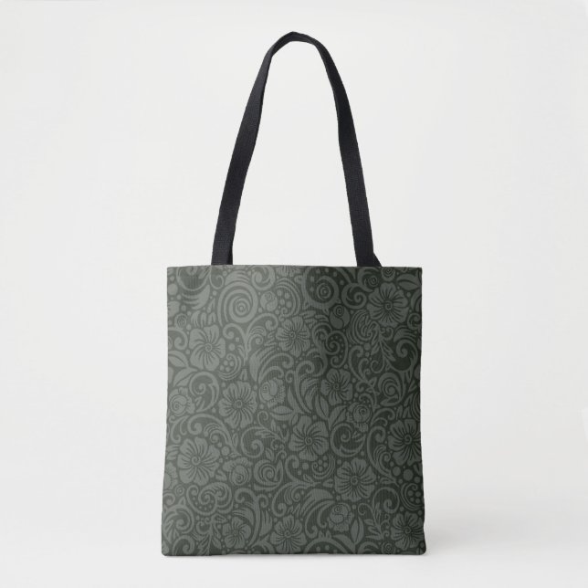 Tote Bolsa de Cinza de Oliveira com Padrão Floral Escur (Frente)