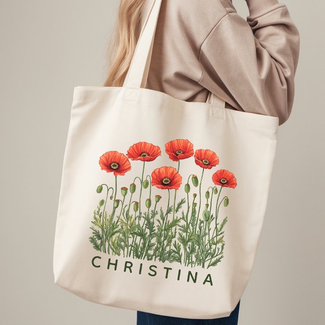 Tote Bolsa de Compras com Nome Personalizado Presente F (Custom Name Tote Bag Floral Gift for Her, Custom Poppy floral Tote Wedding Gift  for Bridesmaids)