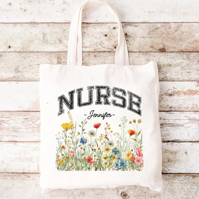 Tote Bolsa de Enfermeira com Flores Selvagens Personali (Custom nurse tote, wildflowers tote bag, gift for nurse, birthday present for nurse, Christmas gift)