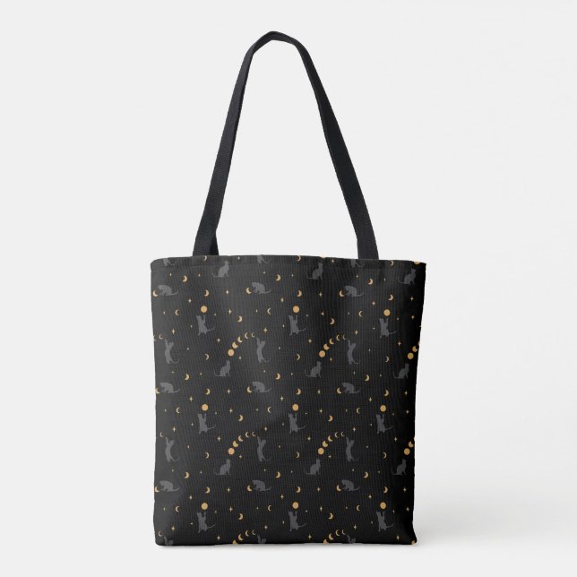 Tote Bolsa de Fases da Lua de Gato Negro (Verso)