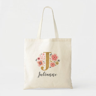 Tote Bolsa de Flores Rosa com Monograma de Ouro Letra "