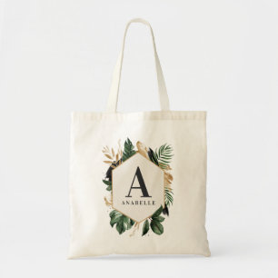 Tote Bolsa de folhagem tropical com aquarela inicial