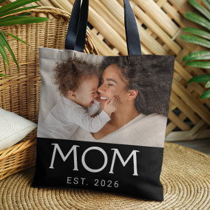 Tote Bolsa de Foto Preta com Tipografia de Mãe Estabele