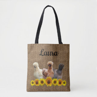 Tote Bolsa de frango Seu Nome Silkies Sunflower Burlap