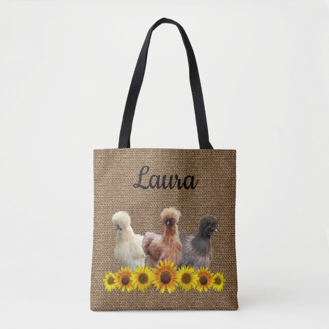Tote Bolsa de frango Seu Nome Silkies Sunflower Burlap (Frente)