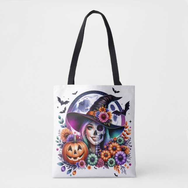 Tote Bolsa de Halloween com Bruxas e Esqueleto (Frente)