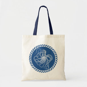 Tote Bolsa De Ilustração De Octopus Branco E Azul marin