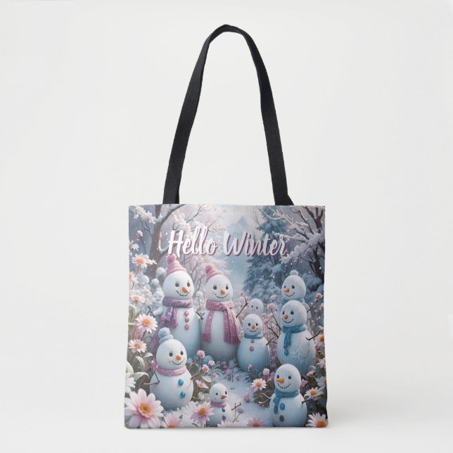 Tote Bolsa de inverno da família Happy Snowman (Frente)