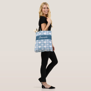 Tote Bolsa de Lona Azul com Corações Brancos