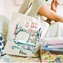 Tote Bolsa de máquina de costura floral azul