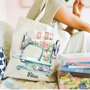 Tote Bolsa de máquina de costura floral azul