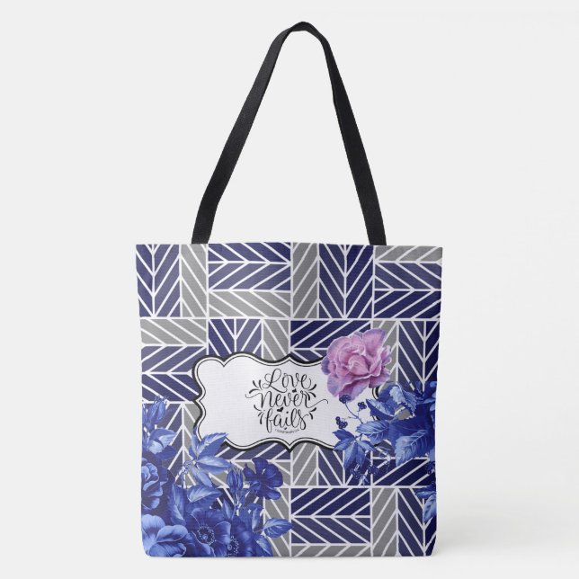 Tote Bolsa de Moda Floral Geométrica Azul/Cinza (Frente)