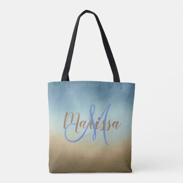 Tote Bolsa de Monograma de Mântero Marrom Azul (Verso)