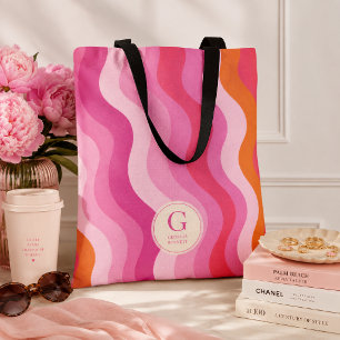 Tote Bolsa de Monograma Personalizada com Ondas Laranja