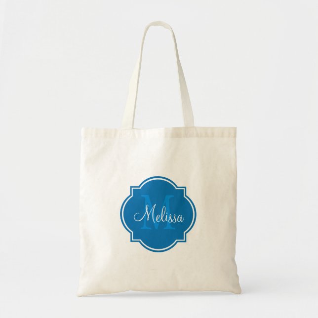 Tote Bolsa de Monograma Personalizado Azul e Azul (Frente)