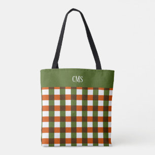 Tote Bolsa de Monograma Verde, Laranja, Xadrez Branca