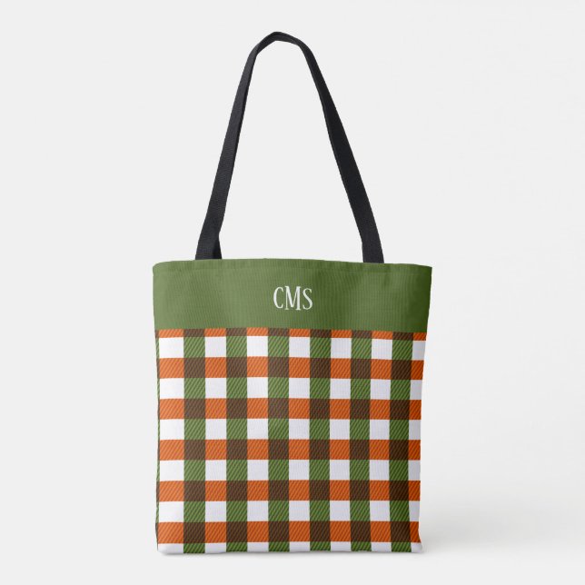 Tote Bolsa de Monograma Verde, Laranja, Xadrez Branca (Verso)