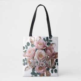 Tote Bolsa de ombro com monograma floral em rosa dourad