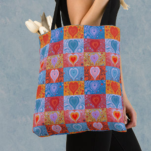Tote Bolsa de padrão de retalhos com coração de amor co