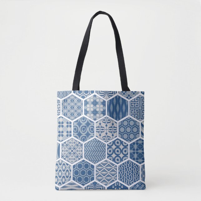 Tote Bolsa de padrão hexagonal em azul e Cinza (Frente)