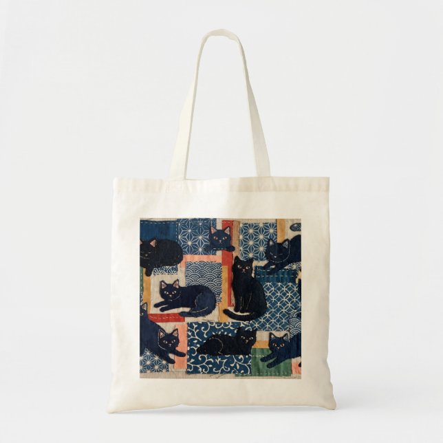Tote Bolsa de Patchwork de Gatos Pretos Japoneses Fofos (Frente)