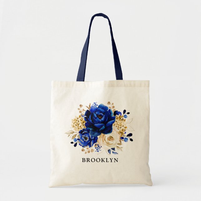 Tote Bolsa de presente Floral Dourado Real Azul Amarelo (Frente)