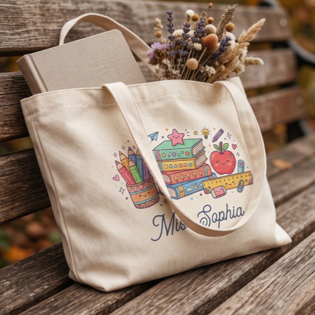 Tote Bolsa de Professor Personalizada com Nome e Maçã F (Criador carregado)