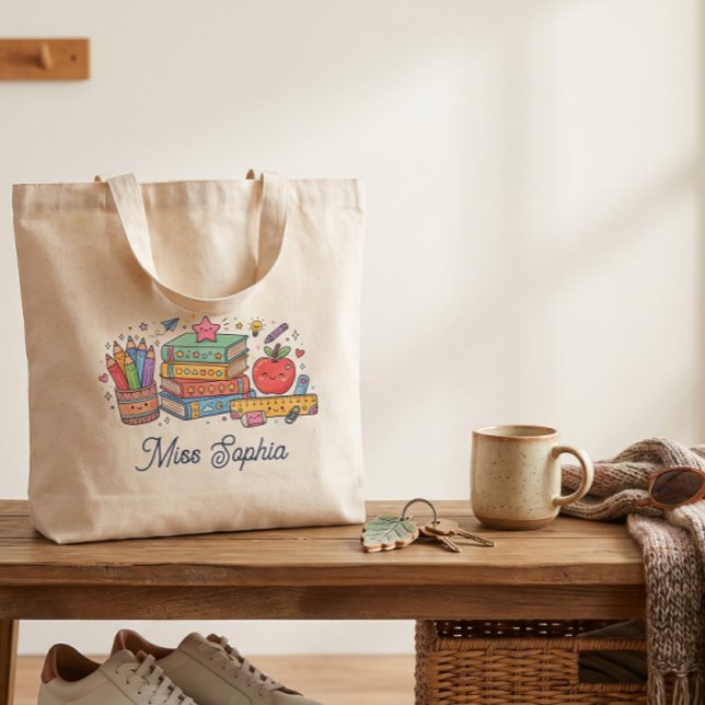 Tote Bolsa de Professor Personalizada com Nome e Maçã F (Criador carregado)