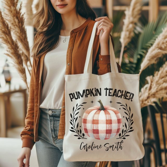 Tote Bolsa de professora de abóbora xadrez personalizad (personalized tote bag, checkered pumpkin tote, Halloween vibes, Halloween tote bag, teacher gift, )