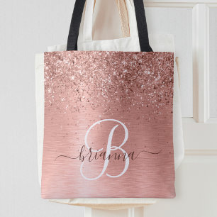 Tote Bolsa de rosa de Monograma com Glitter de Metal Br