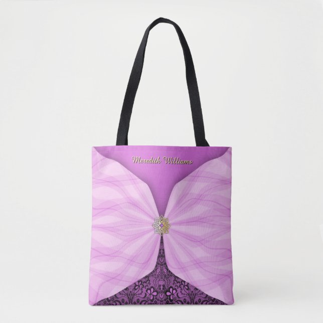 Tote Bolsa de Tecido com Ilusão de Joia Rosa Orquídea P (Frente)
